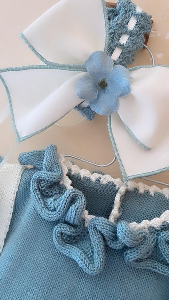 Ela Confeccion SS26 Girls Blue & Cream Knitted Romper - MADE TO ORDER