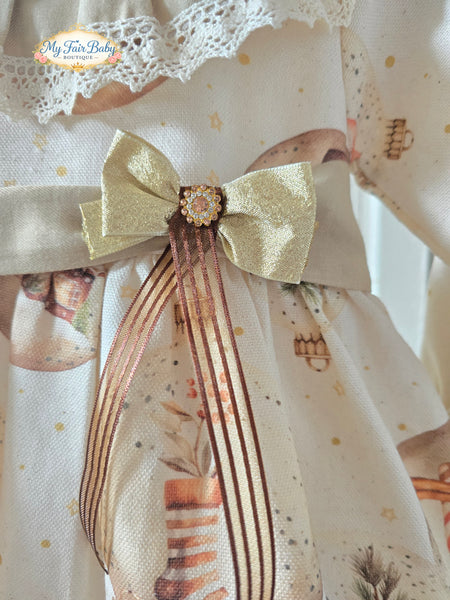 Traditional Girls Cream & Gold Printed Christmas Dress ~ 1-6y