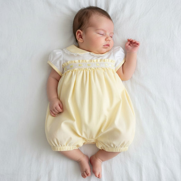 Traditional Baby Girls Lemon Ribbon & Lace Romper - Prem & NB