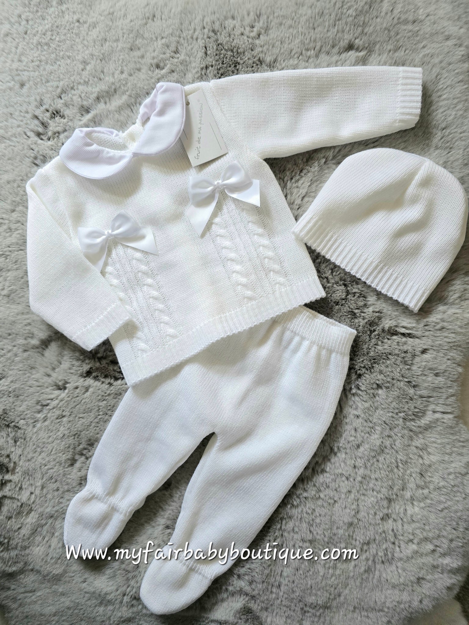 Spanish Unisex Baby Girls/Boys White Knitted 3pc Set ~ 0-3 months