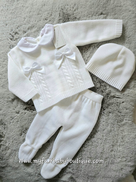 Spanish Unisex Baby Girls/Boys White Knitted 3pc Set ~ 0-3 months