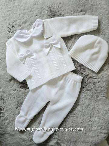 Spanish Unisex Baby Girls/Boys White Knitted 3pc Set ~ 0-3 months