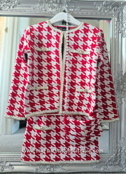 Girls Red Houndstooth 3pc Skirt Set ~ 4-12y