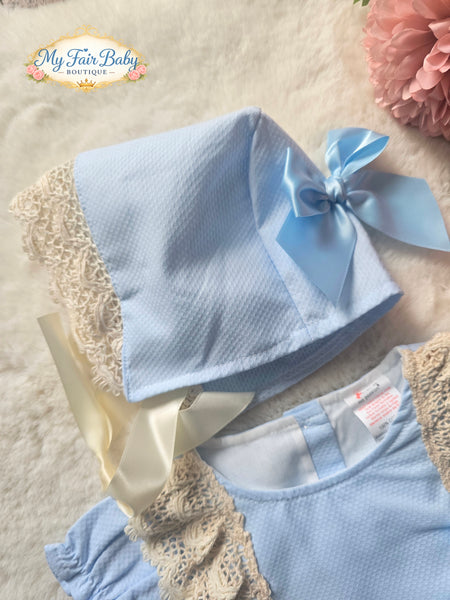 Spanish Baby Girls Blue Pique Romper & Bonnet Set M002B ~ 3-36m