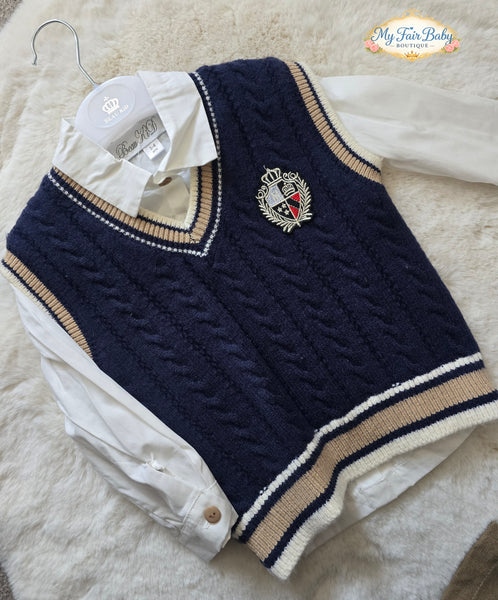 Beau Kid Traditional Boys Navy & Camel Tank Top 3pc Set 2802