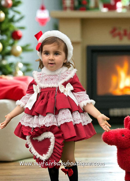 Sonata Infantil AW25 Spanish Girls Red Lace & Fur Puffball Dress IN2506 ~ MADE TO ORDER