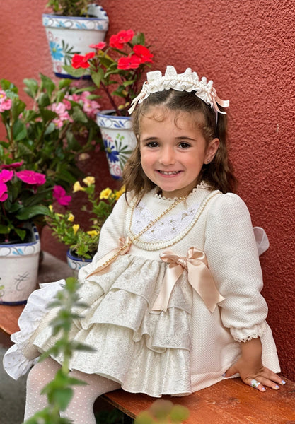 Sonata Infantil AW25 Spanish Girls Cream & Gold Christmas Puffball Dress IN2516 ~ MADE TO ORDER