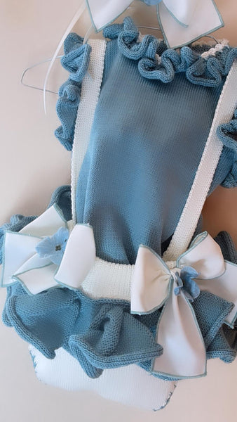Ela Confeccion SS26 Girls Blue & Cream Knitted Romper - MADE TO ORDER