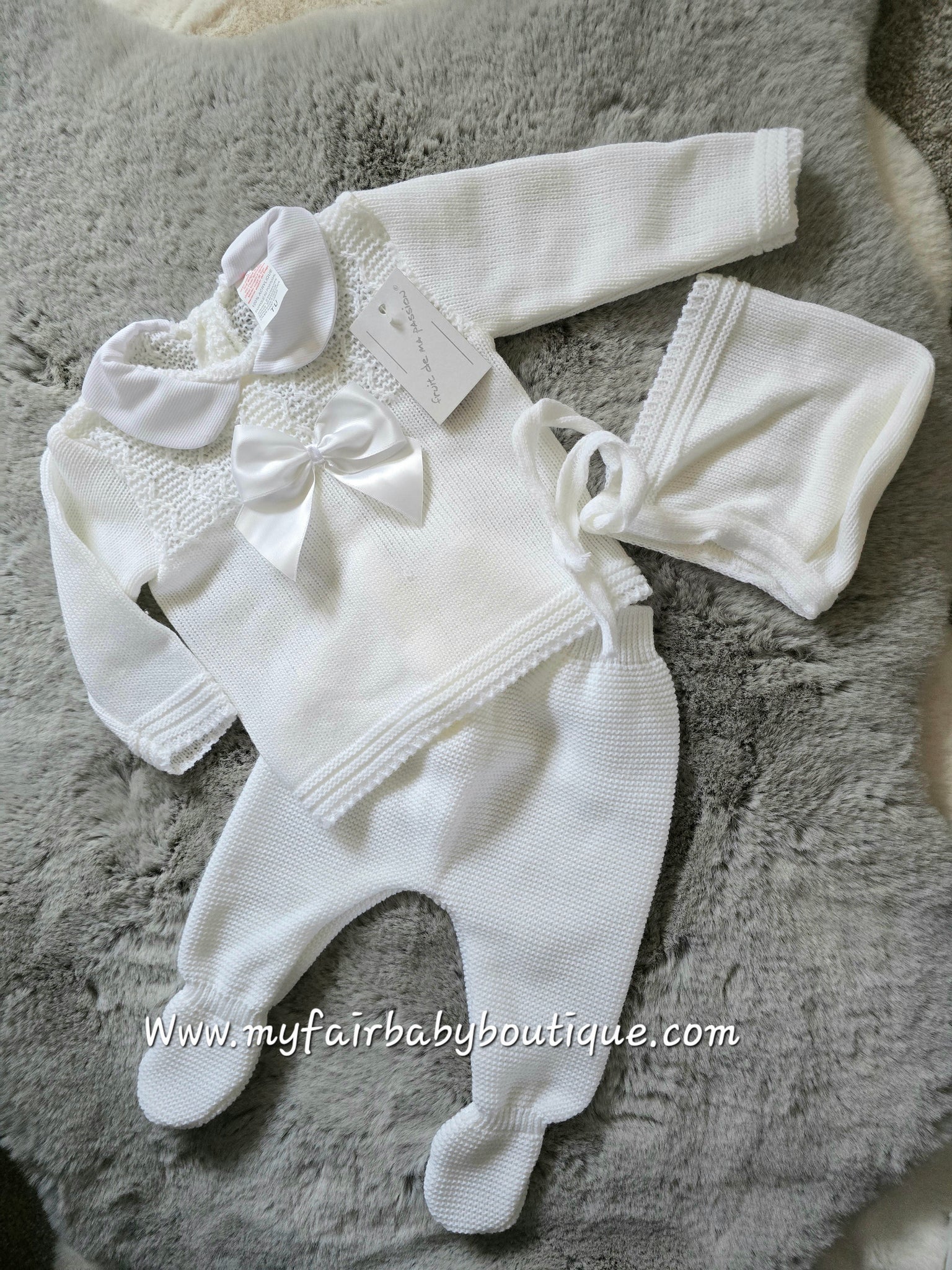 Spanish Baby Girls White Knitted 3pc Set ~ 0-3 months