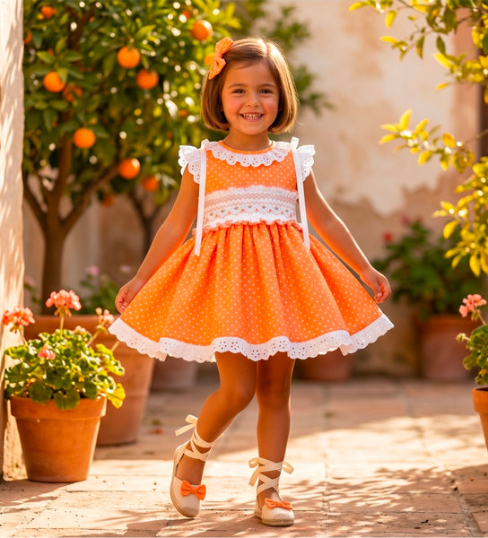 Sonata Infantil SS26 Girls Orange Polkadot Puffball Dress & Hairbow VE2629 ~ MADE TO ORDER