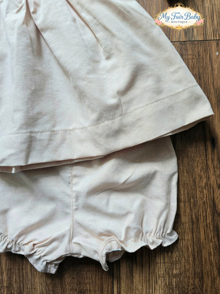 Mabini Traditional Girls Cream Smocked Teddy Dress Set