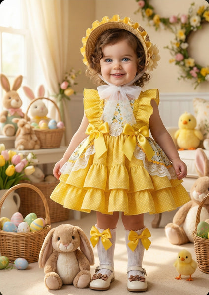 Sonata Infantil SS26 Girls Lemon Floral Puffball Dress VE2607 ~ MADE TO ORDER