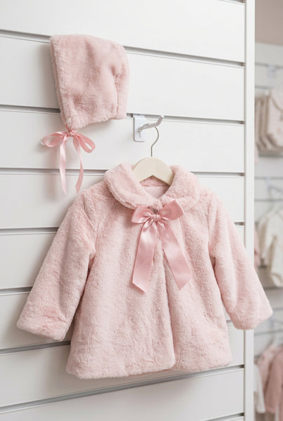 Spanish Baby Girls Pink Plush Faux Fur Jacket & Bonnet ~ 6,36m