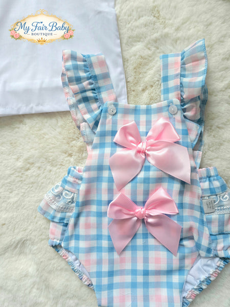 Spanish Baby Girls Blue & Pink Check Ruffled Romper M002 ~ 3-36m