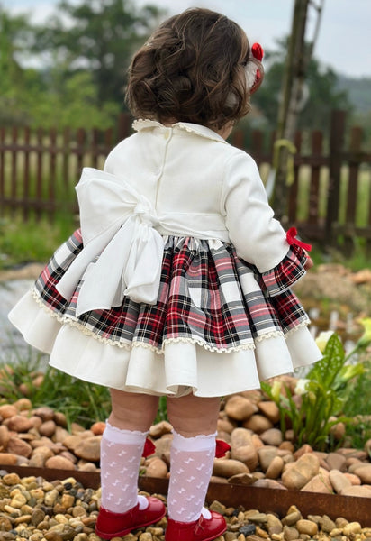 Sonata Infantil AW25 Spanish Girls Ivory Velvet & Red Plaid Christmas Puffball Dress IN2503 ~ MADE TO ORDER