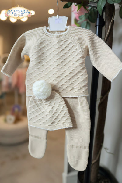Spanish Unisex Baby Camel & Cream Knitted Lattice 3PC Set C7005 - 1-6m