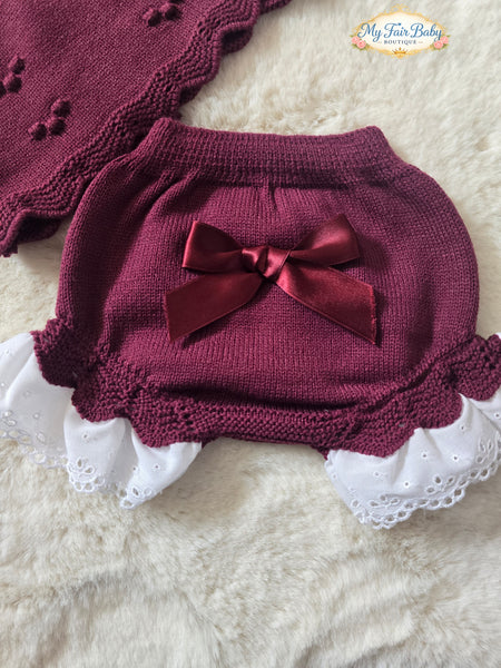 Spanish Baby Girls Burgundy Knitted 3pc Jam Pant Set