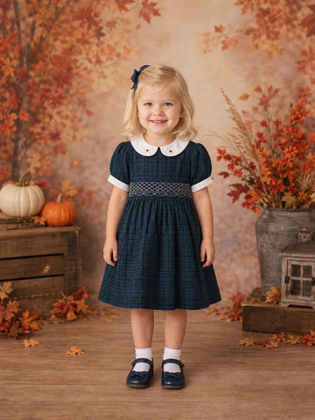 Beau Kid Traditional Girls Green Smocked Tartan Christmas Dress 1J2402A - 6m-7y