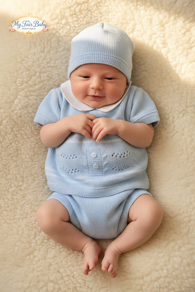 Spanish Baby Boys Blue Knitted Jam Pant 3pc Set ~ 0-3m