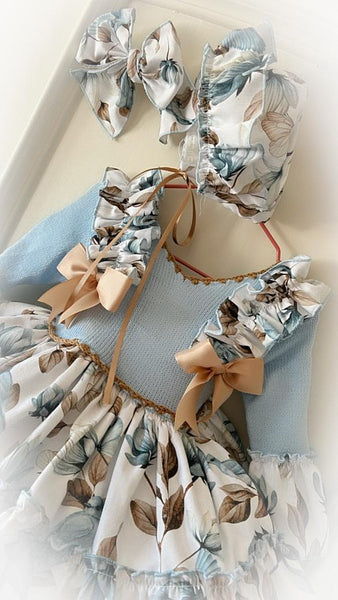 Ela Confeccion AW25 Spanish Girls Blue Floral Puffball Dress - MADE TO ORDER