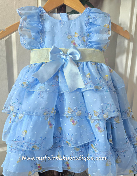 Sonata Older Girls Blue & Lemon Butterfly Puffball Dress & Headband Set ~ 4,8y