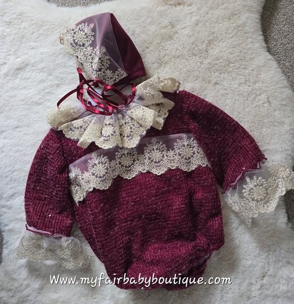 Ela Confeccion AW25 Spanish Girls Burgundy Lace Trimmed Romper & Bonnet Set  - IN STOCK NOW