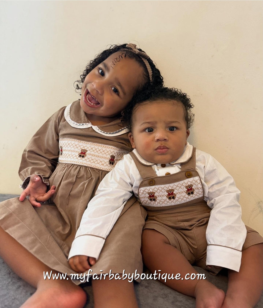 Mabini Traditional Spanish Girls Chocolate Smocked Teddy Bear Dress 1720 Mabini Traditional Spanish Girls Chocolate Smocked Teddy Bear Dress 1720