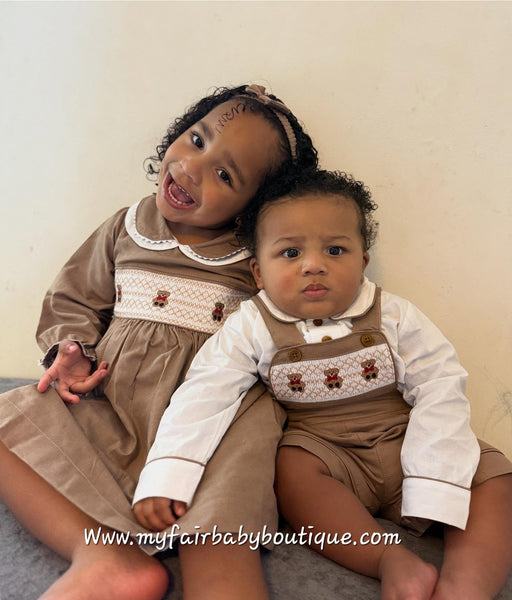 Mabini Traditional Spanish Baby Boys Chocolate Smocked Teddy Bear Dungarees 1702 ~ 0-4y