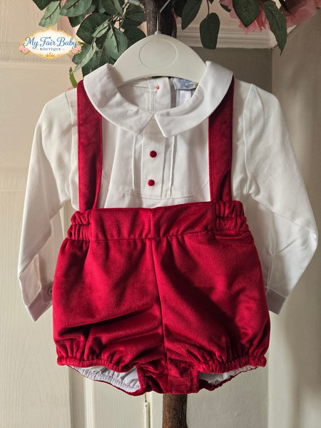 Spanish Baby Boys Red Velvet Dungaree Set