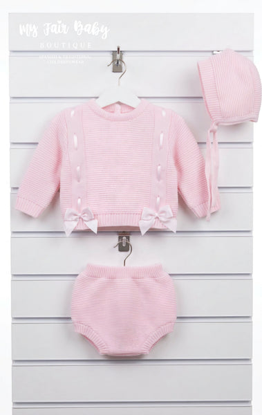 Spanish Baby Girls Pink Knitted Bow Jam Pant 3pc Set
