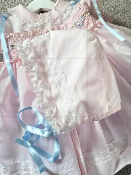Sonata Infantil Spanish Girls Pink & Blue Smocked Puffball Dress & Bonnet VE2426 ~ 3y ~ IN STOCK NOW