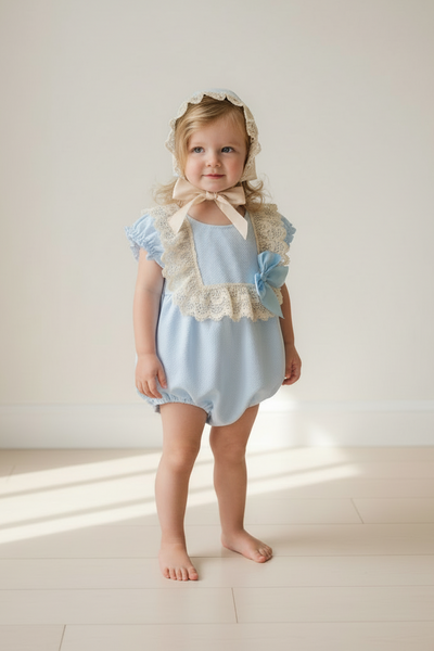 Spanish Baby Girls Blue Pique Romper & Bonnet Set M002B ~ 18-36m