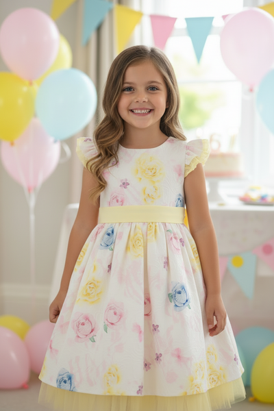 Beau Kid Girls Pastel Lemon Floral Party Dress 55118 - 3-8y