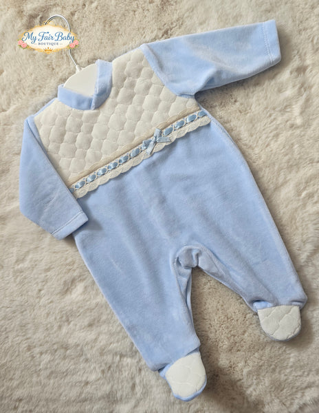 Spanish Baby Boys Blue & Cream Velour Sleepsuit/Babygrow