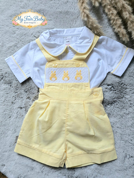 Mabini Baby Boys Traditional Lemon Smocked Bunny Easter Dungarees - 0-12m