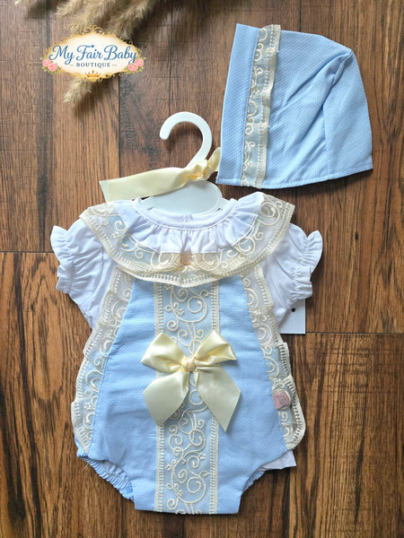 Spanish Baby Girls Blue & Cream Lace Romper Set ~ 12-36m