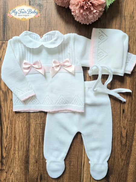 Spanish Baby Girls White & Pink Knitted 3pc Set ~ 0-3m