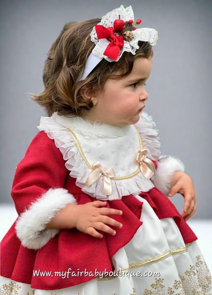 Sonata Infantil AW25 Spanish Girls Red & Gold Lace Christmas Puffball Dress IN2512 ~ MADE TO ORDER