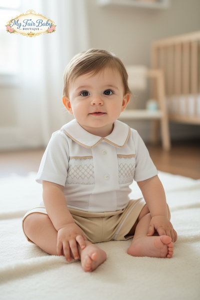 Spanish Baby Boys White & Beige Smocked Cotton Short Set ~ 3-18m