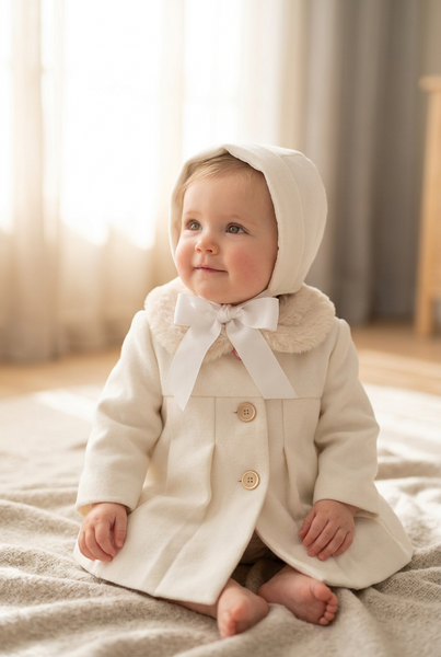 Spanish Baby Girls Cream Pleated Coat & Bonnet ~ 9m