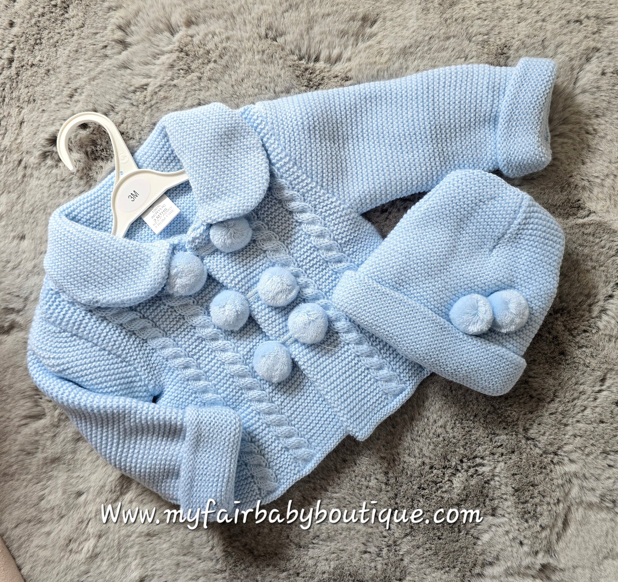 Spanish Baby Boys Blue Knitted Pom Pom Jacket & Hat Set ~ 3,12m