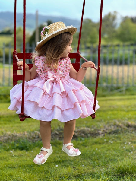 Sonata Infantil Girls Pink Polkadot Puffball Dress VE2525 - MADE TO ORDER