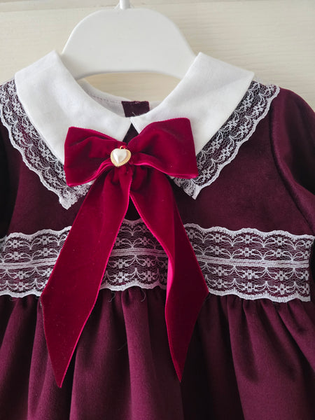 Spanish Girls Burgundy Velvet Lace Trimmed Bow Dress ~ 1-5y