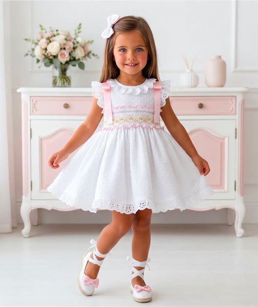 Sonata Infantil SS26 Girls White Plumetti Smocked Puffball Dress VE2631 ~ MADE TO ORDER