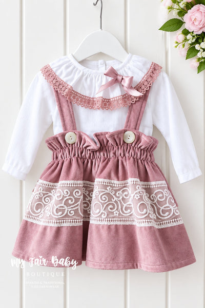 Spanish Girls Dusky Pink Velvet Pinafore & Blouse ~ 3m-5y