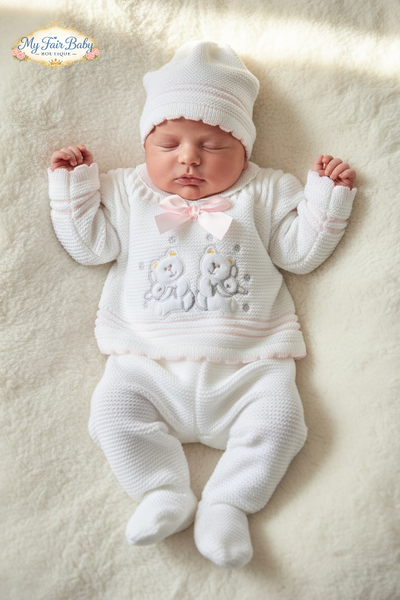 Spanish Baby Girls White & Pink Knitted Teddy 3pc Set ~ 0-3m