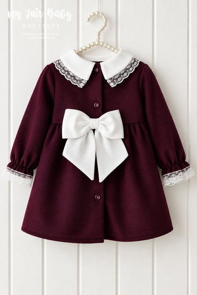 Spanish Girls Burgundy Velvet Lace Trimmed Bow Dress ~ 1-5y