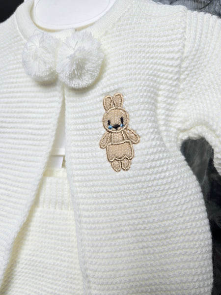Spanish Baby Boys Cream Bunny Knitted Pom Pom Trouser & Cardigan Set - 1-12m