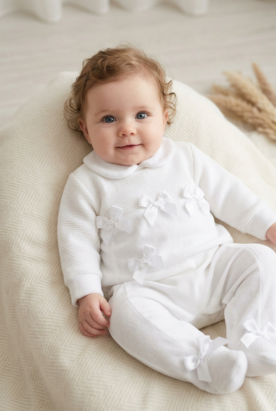 Spanish Baby Girls White Half-knit Bow Velour Sleepsuit/Babygrow ~ 3-12m