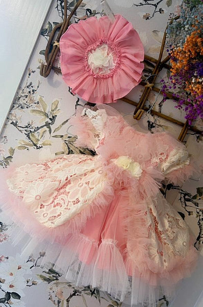 Ela Confeccion SS25 Spanish Girls Pink & Cream Tulle & Lace Puffball Dress ~ IN STOCK NOW